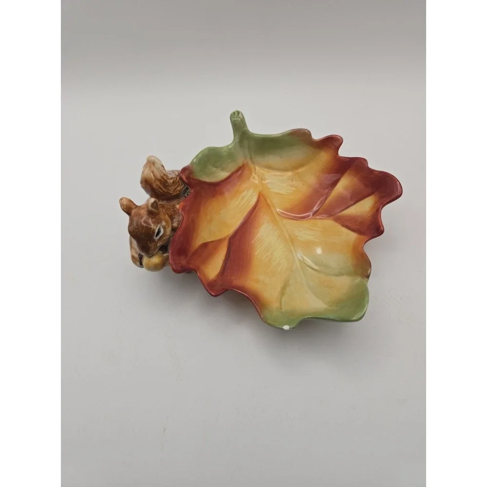 Ceramic Fall Leaf Brown Bowl Squirrel Home Decor